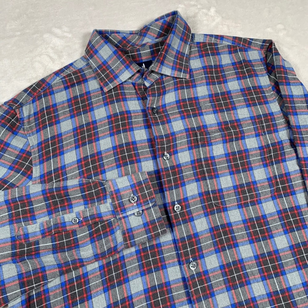 johnnie-O Button Down Shirt Mens Medium Grey Blue Red Plaid Flannel Blend Casual